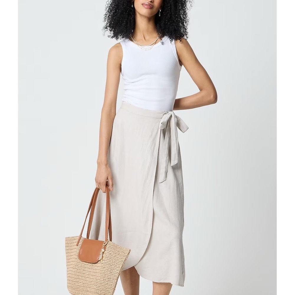J.Crew Linen Blend Neutral Beige Faux Wrap Midi Skirt Minimalist Large - Picture 8 of 8